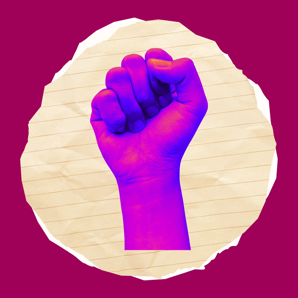 Illustration of a raised clenched fist on torn notebook paper