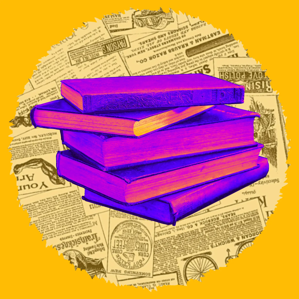 Illustration of a stack of vintage books rising from a collage of aged newsprint